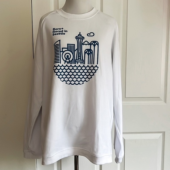 Oiselle Born and Raced Seattle White and Blue Crewneck Sweatshirt Womens Large - Picture 4 of 14